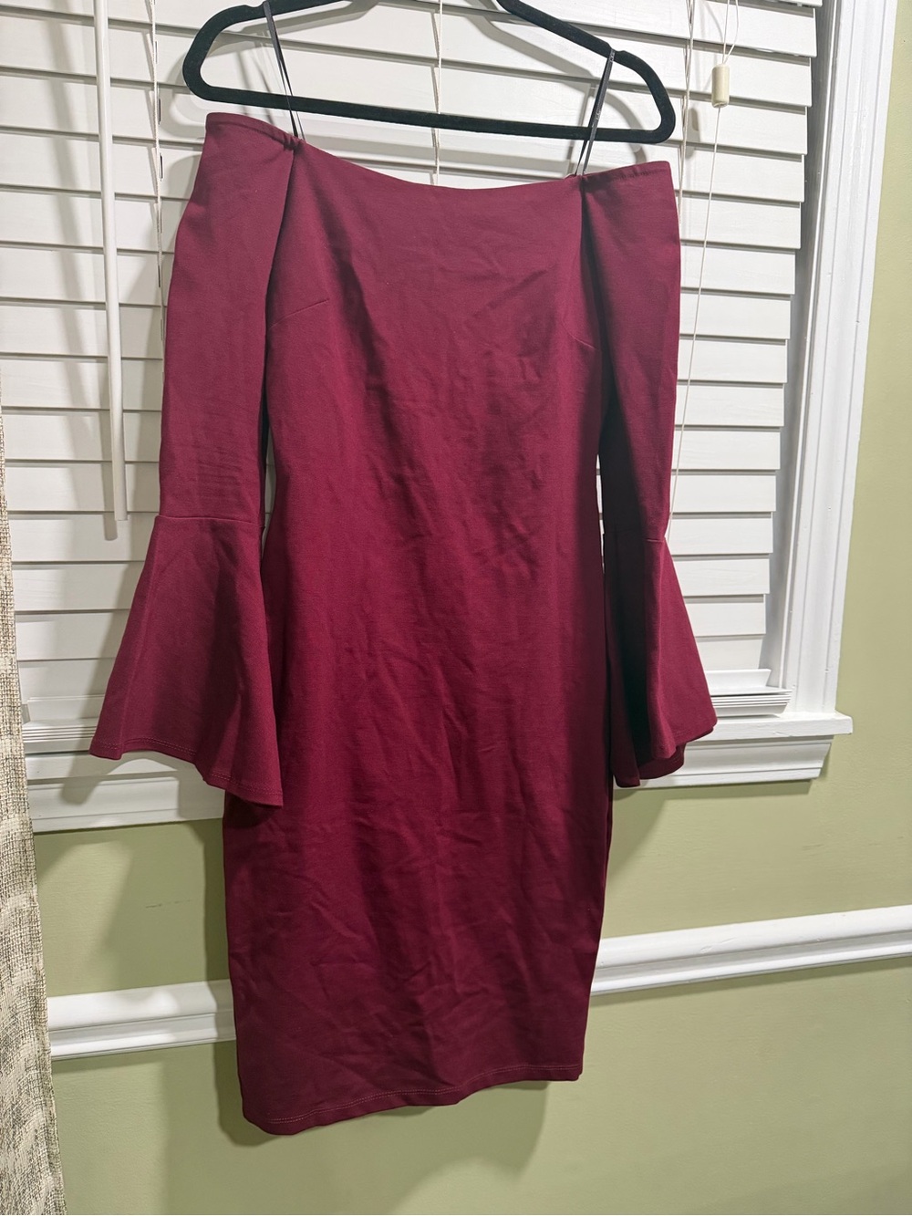 Lulus Off-Shoulder Burgundy Pencil Skirt Dress with Bell Sleeves